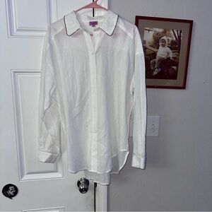 Francesca’s White button down with silver pinstripes and around the collar